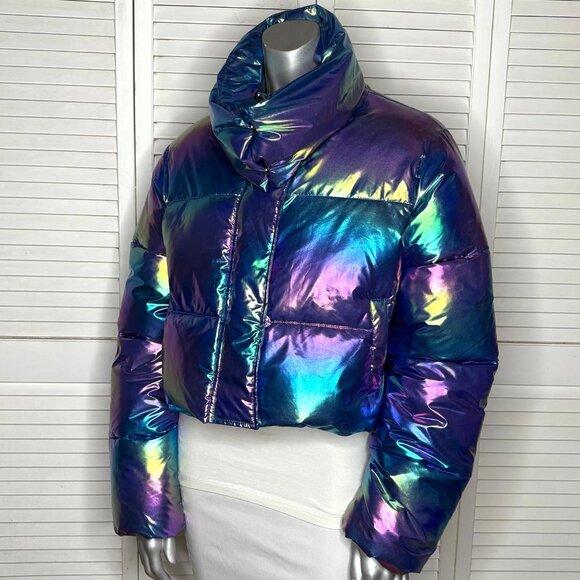 Unreal Fur Holographic FRACTALS Iridescent Puffer Jacket Metallic Cropped M NWT - Picture 6 of 12